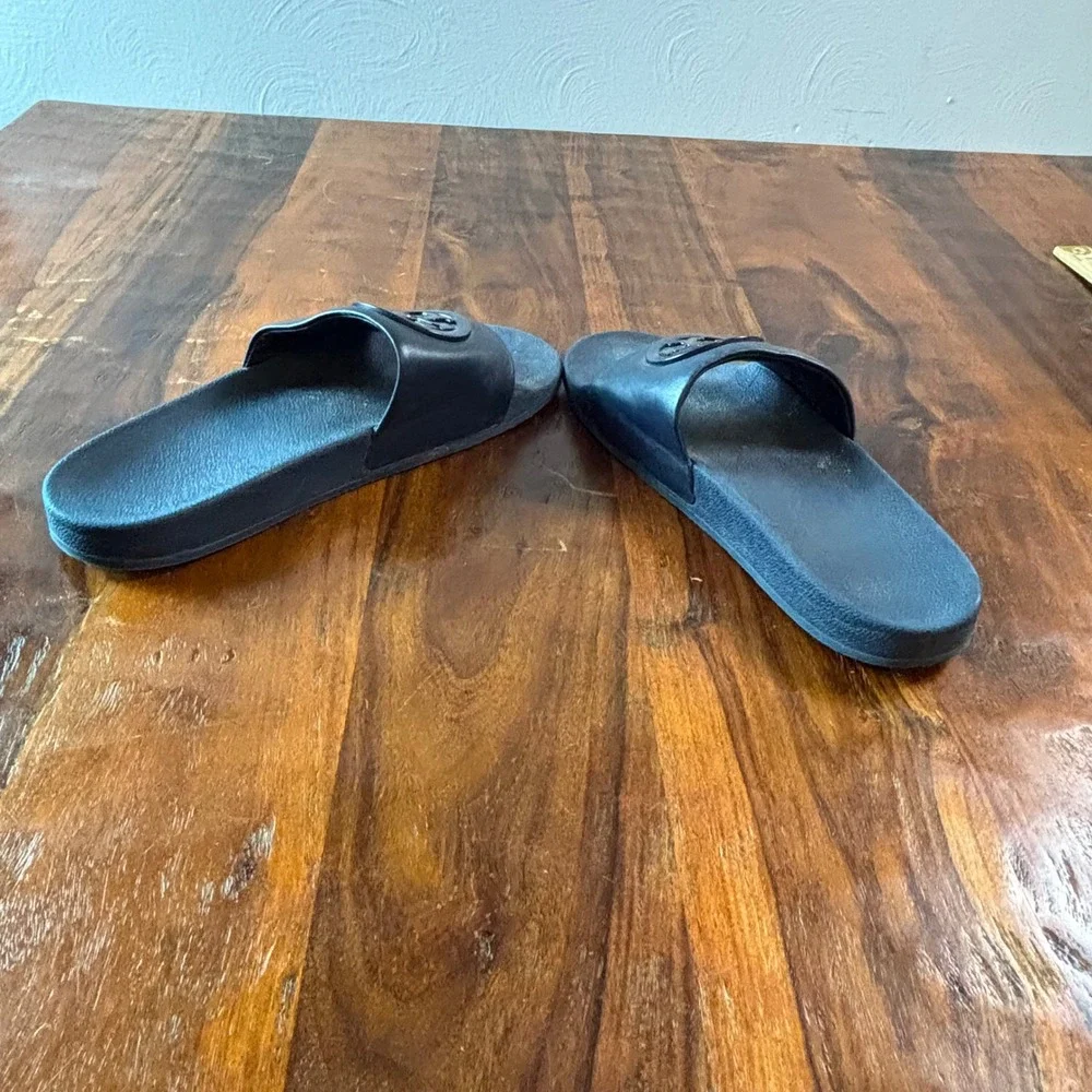 Tory Burch Miller Sport Slides Navy Blue Leather Logo Medallion Sandals Size 9